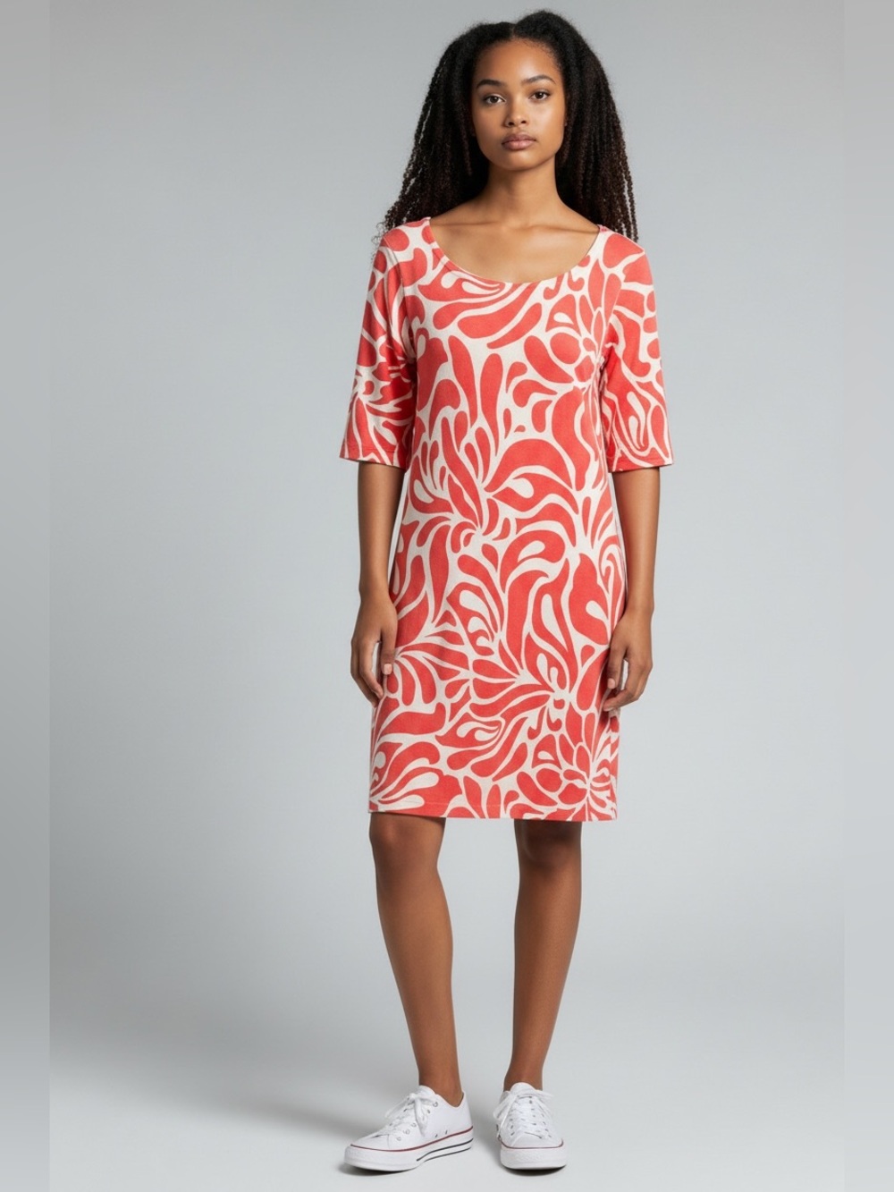 J. Crew Coral and Cream Abstract Pattern Shift MIDI Dress
